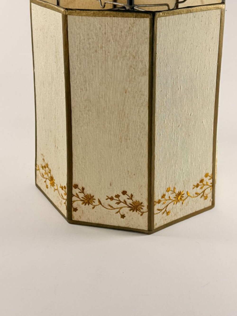 Vintage Hexagonal Cream Fabric Lampshade Floral Gold Accent 13" Tall